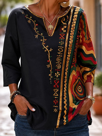 Women's Retro Juneteenth Geometric Print Casual V-Neck Top