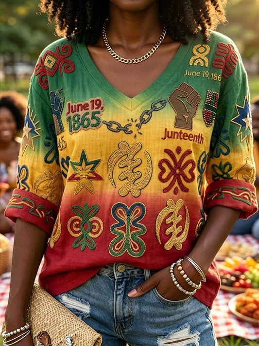 Women's Retro Juneteenth Gradient Casual V-Neck T-Shirt