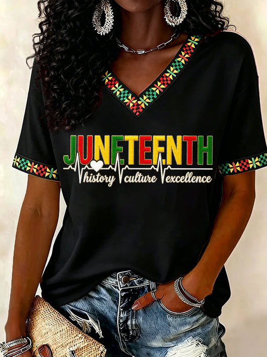 Women's Juneteenth History Culture Excellence Respect Print Casual V-Neck Tee