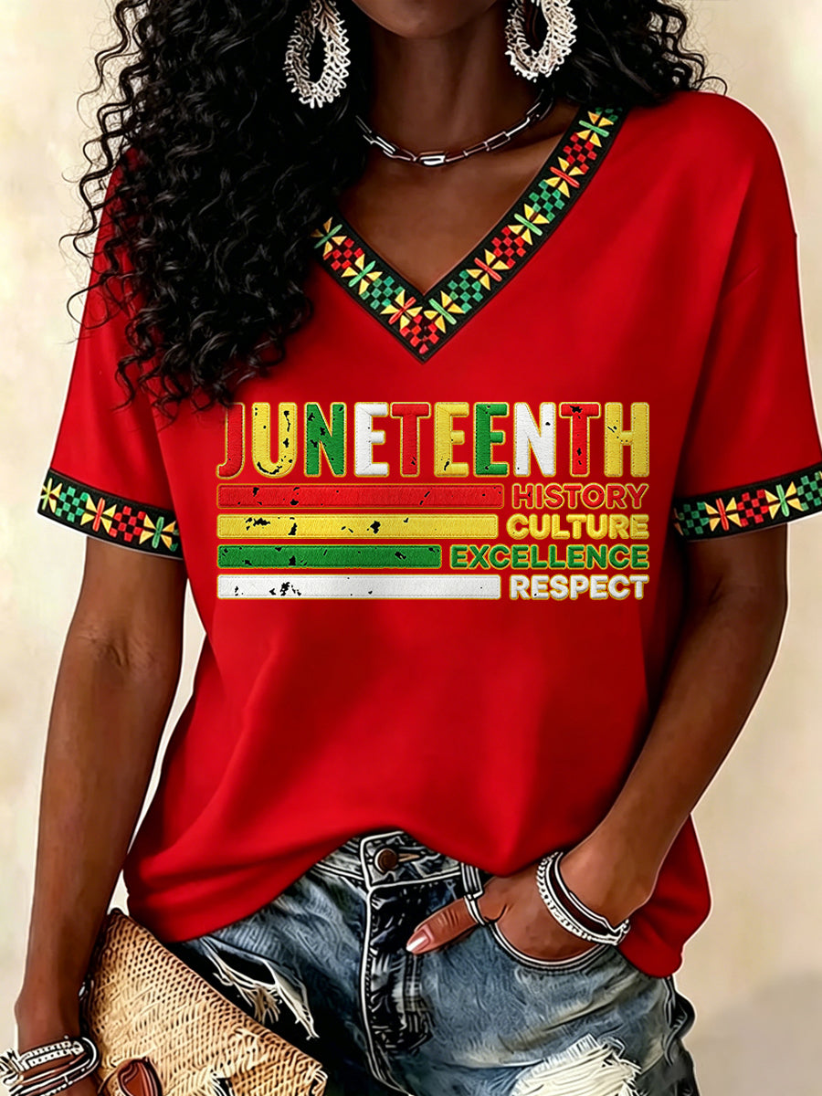 Women's Juneteenth History Culture Excellence Respect Print Casual V-Neck Tee