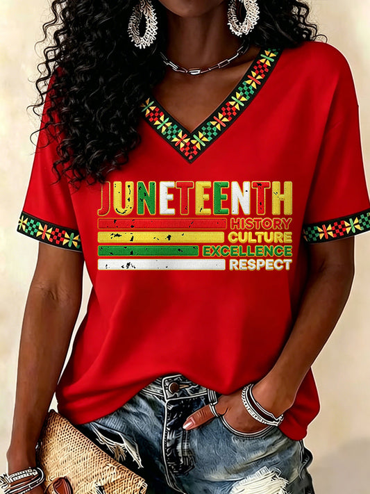 Women's Juneteenth History Culture Excellence Respect Print Casual V-Neck Tee