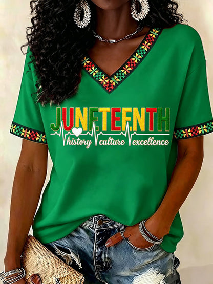 Women's Juneteenth History Culture Excellence Respect Print Casual V-Neck Tee