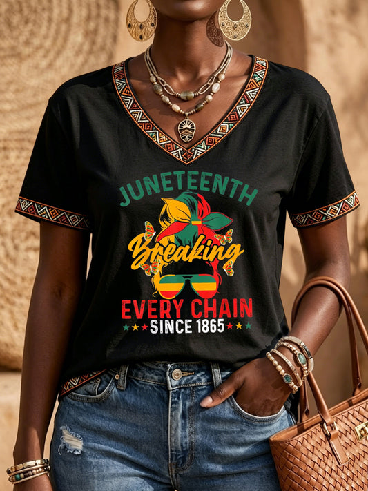 Women's Retro Juneteenth Casual V-Neck T-Shirt
