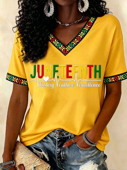 Women's Juneteenth History Culture Excellence Respect Print Casual V-Neck Tee