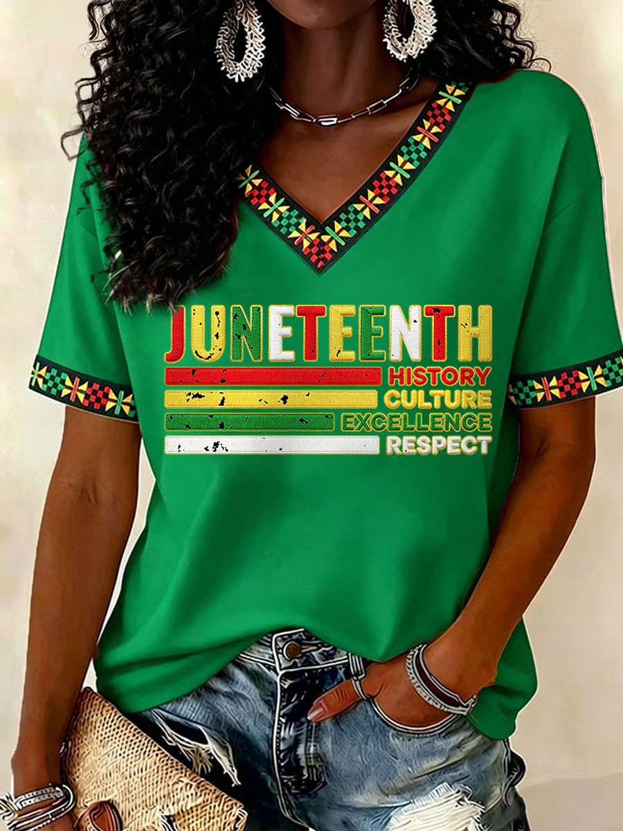Women's Juneteenth History Culture Excellence Respect Print Casual V-Neck Tee