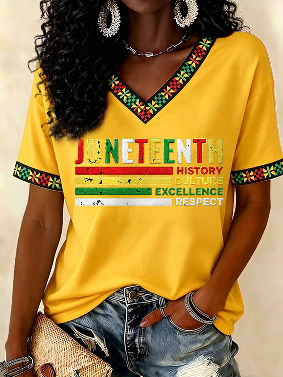 Women's Juneteenth History Culture Excellence Respect Print Casual V-Neck Tee