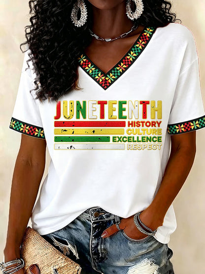 Women's Juneteenth History Culture Excellence Respect Print Casual V-Neck Tee