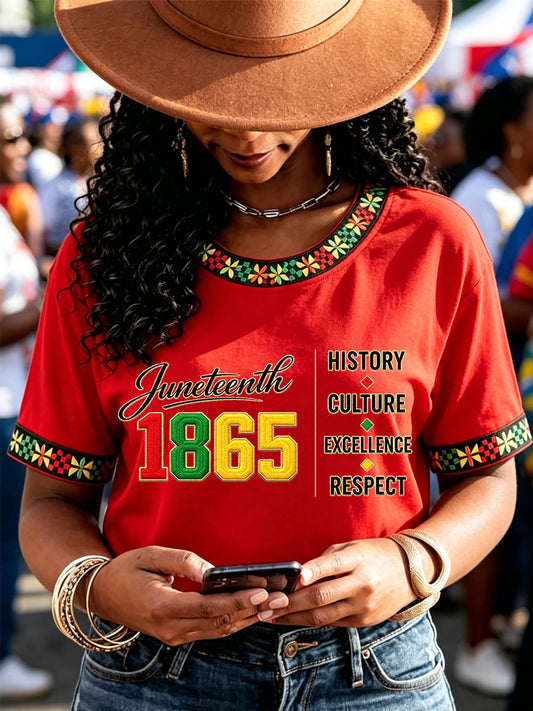 Women's Juneteenth History Culture Excellence Respect Print Casual Tee