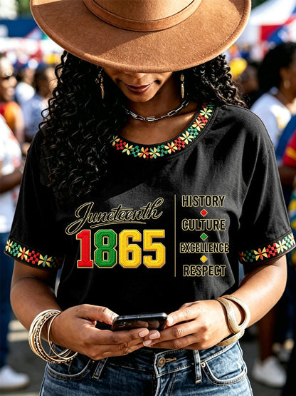 Women's Juneteenth History Culture Excellence Respect Print Casual Tee