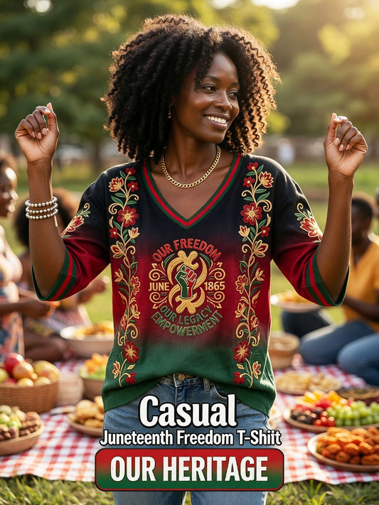 Women's Retro Juneteenth Gradient Floral Casual V-Neck T-Shirt