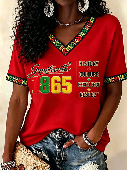 Women's Juneteenth History Culture Excellence Respect Print Casual V-Neck Tee