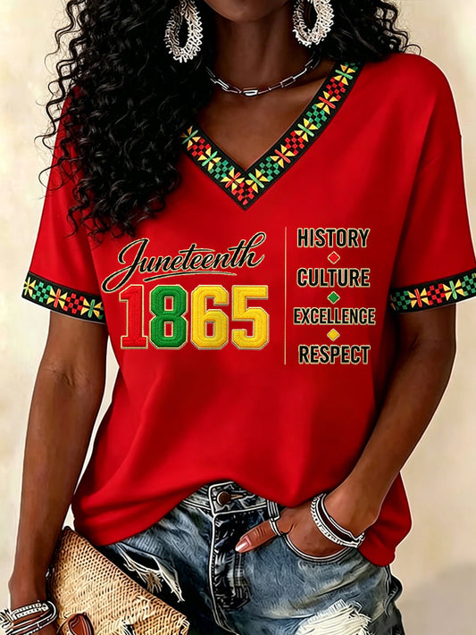 Women's Juneteenth History Culture Excellence Respect Print Casual V-Neck Tee