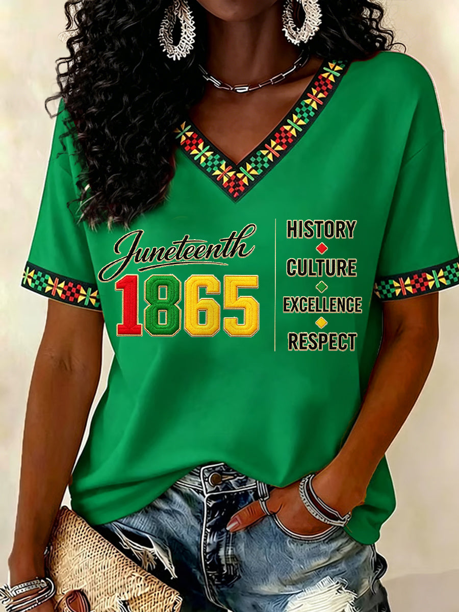 Women's Juneteenth History Culture Excellence Respect Print Casual V-Neck Tee