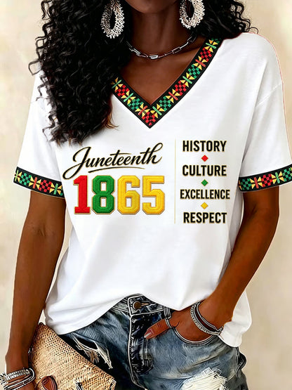 Women's Juneteenth History Culture Excellence Respect Print Casual V-Neck Tee