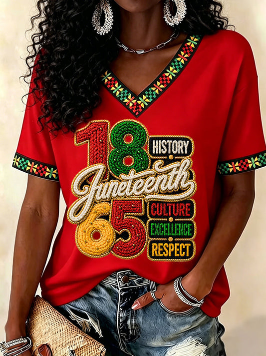Women's Juneteenth History Culture Excellence Respect Print Casual V-Neck Tee