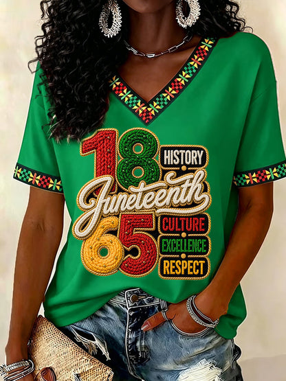 Women's Juneteenth History Culture Excellence Respect Print Casual V-Neck Tee