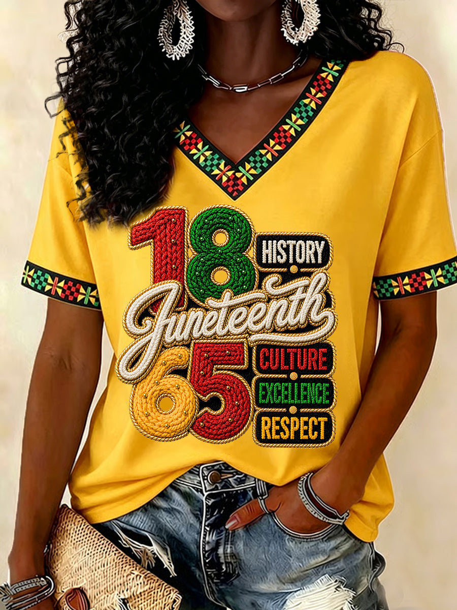 Women's Juneteenth History Culture Excellence Respect Print Casual V-Neck Tee