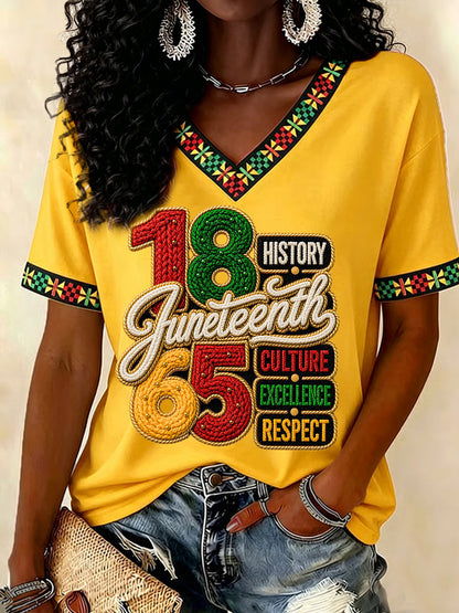 Women's Juneteenth History Culture Excellence Respect Print Casual V-Neck Tee
