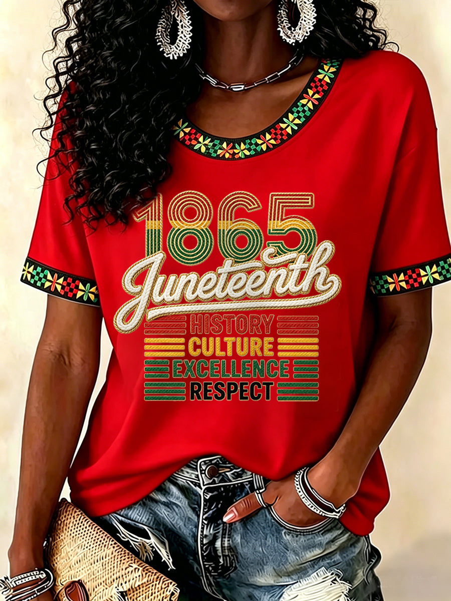 Women's Juneteenth History Culture Excellence Respect Print Casual Tee