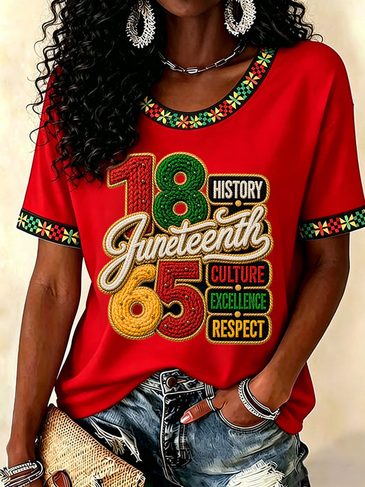 Women's Juneteenth History Culture Excellence Respect Print Casual Tee