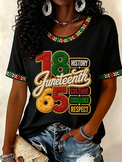 Women's Juneteenth History Culture Excellence Respect Print Casual Tee