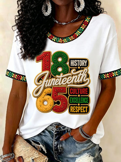 Women's Juneteenth History Culture Excellence Respect Print Casual Tee