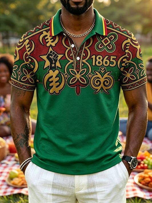 Men's Retro Juneteenth Print Patchwork Casual Polo Shirt
