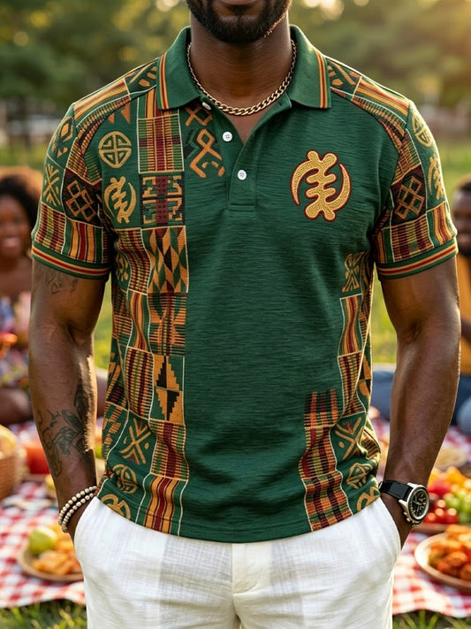 Men's Retro Juneteenth Geometric Patchwork Casual Polo Shirt