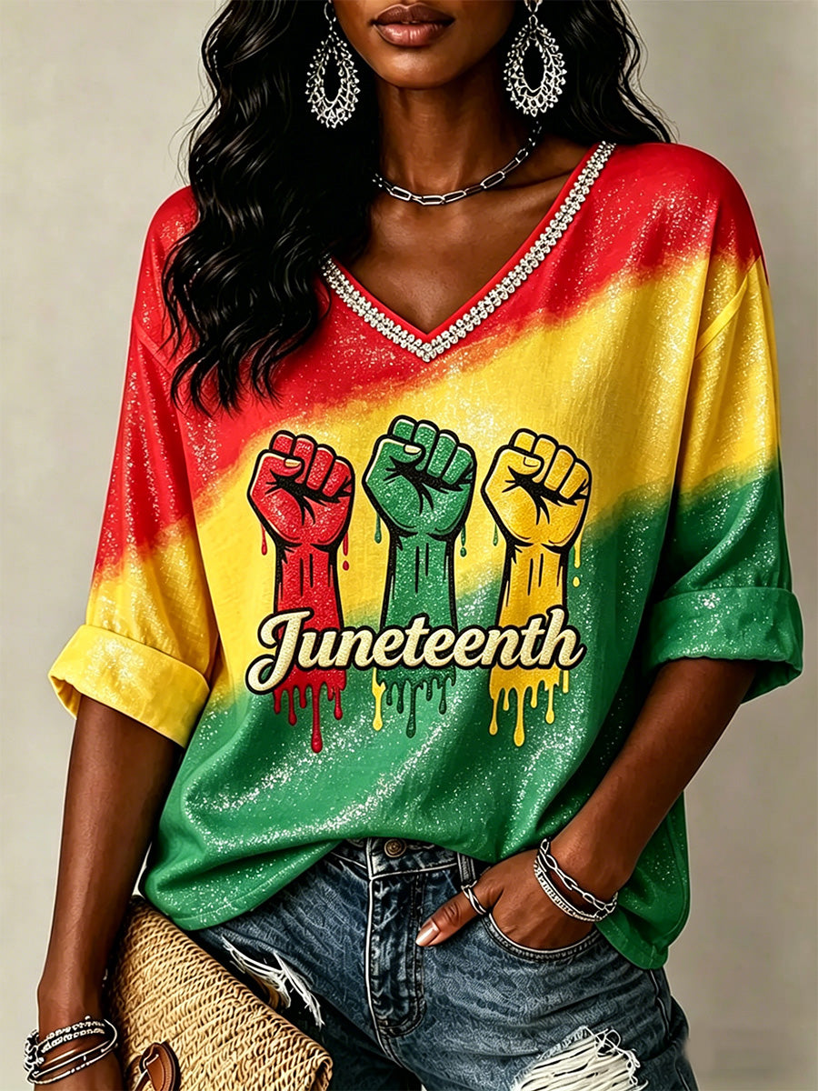 Women's Juneteenth Print V-Neck Tee
