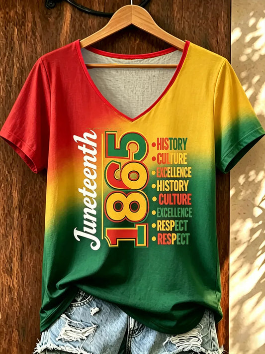 Women‘s Juneteenth Print Casual V-Neck Tee