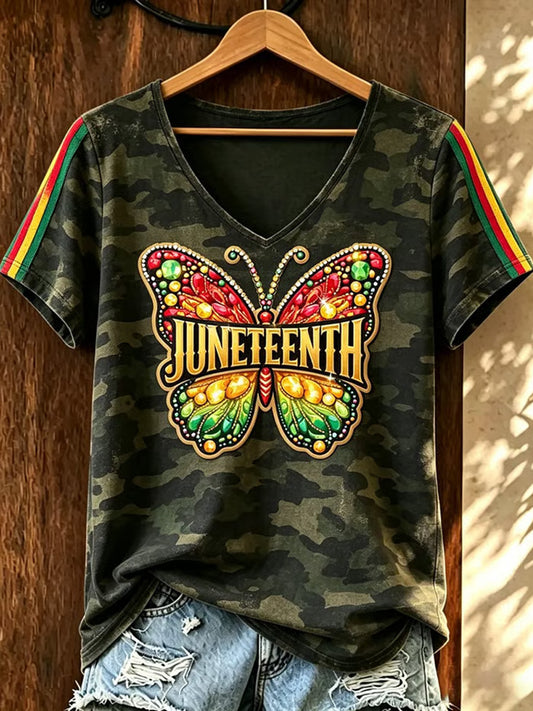 Women's Juneteenth Print Casual V-Neck Tee