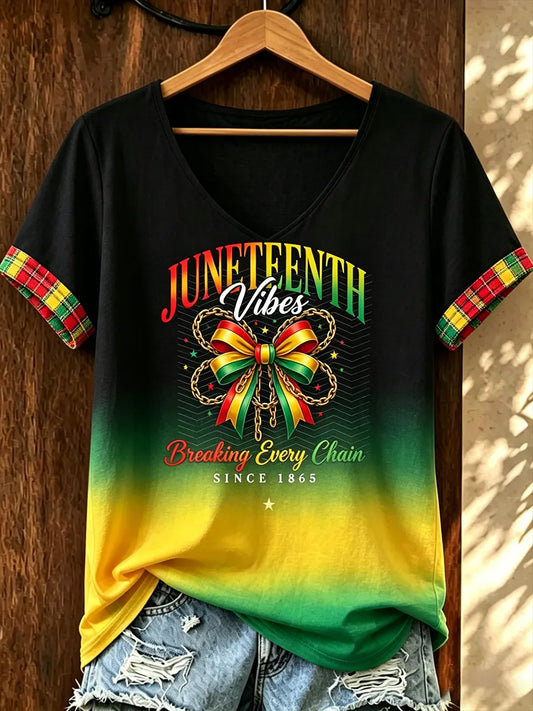 Women‘s Juneteenth Breaking Every Chain Since 1865 Print Casual V-Neck Tee