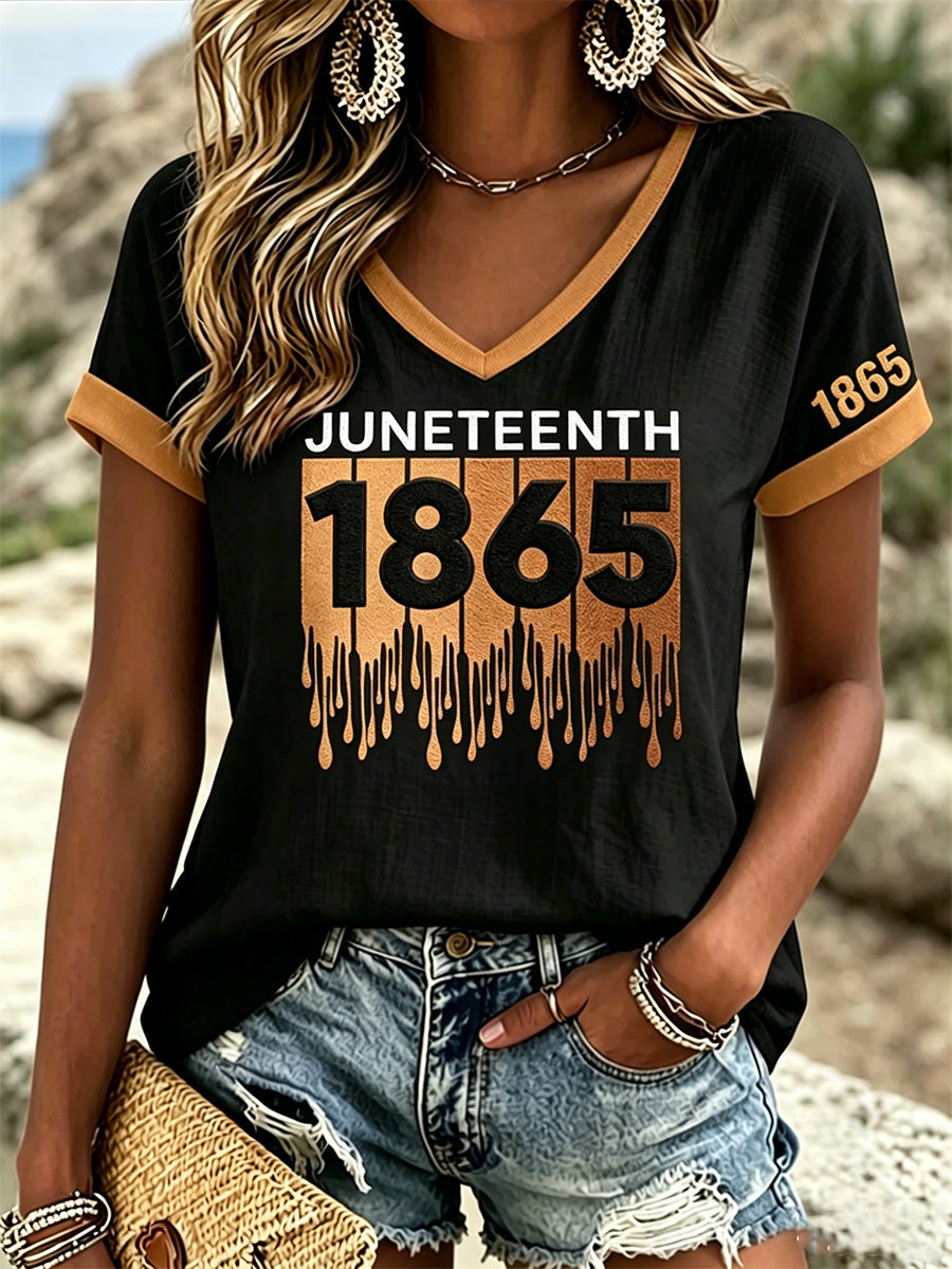Women's Juneteenth Print Casual V-Neck Tee