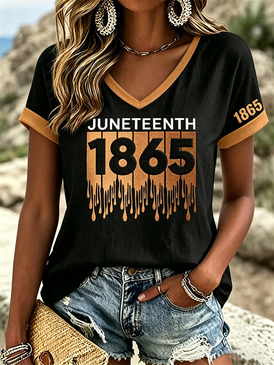 Women's Juneteenth Print Casual V-Neck Tee