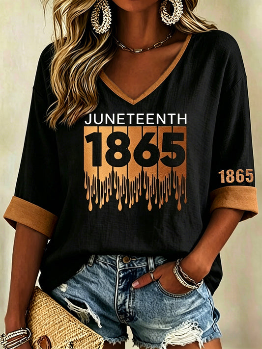 Women's Juneteenth Print Casual V-Neck Top