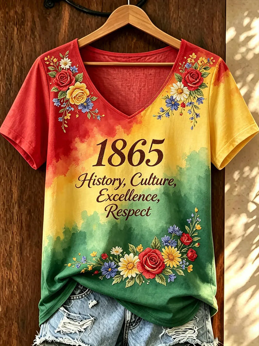 Women‘s Juneteenth Print Casual V-Neck Tee