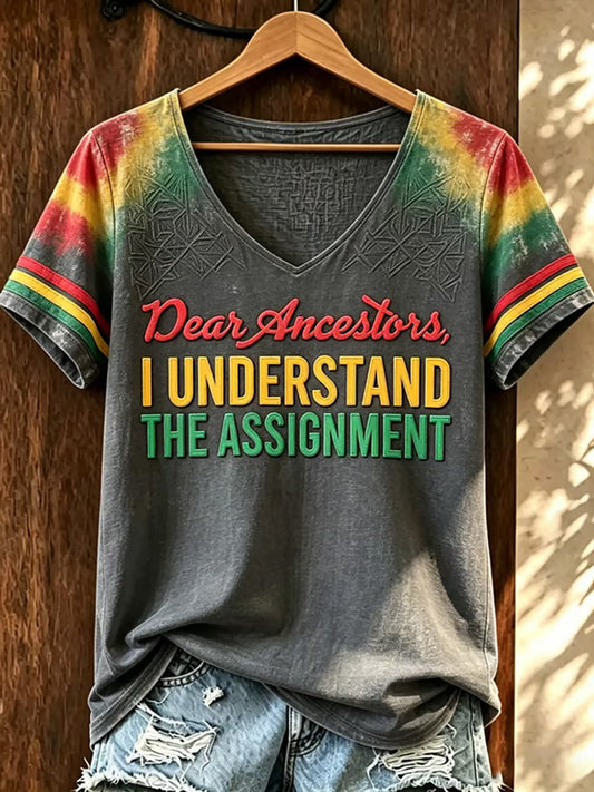 Women's Juneteenth Print Casual V-Neck Tee