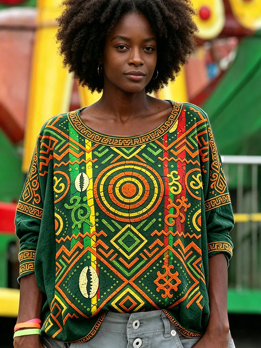 Women's Black June Festival Traditional Print Green Casual T-shirt