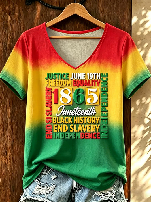 Women‘s Juneteenth Print Casual V-Neck Tee