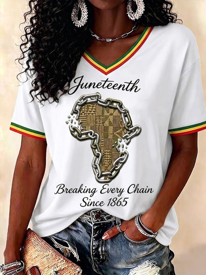 Women's Juneteenth Breaking Every Chain Since 1865 Print V-Neck Tee