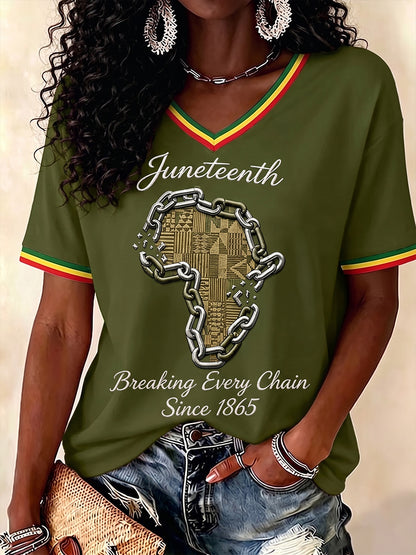 Women's Juneteenth Breaking Every Chain Since 1865 Print V-Neck Tee
