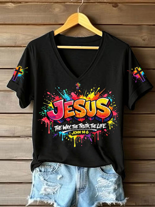 Women's Christian Jesus Cross Short Sleeve V-neck T-shirt