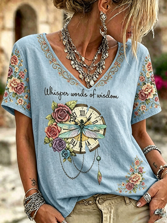 Women's Dragonfly Flowers Printed Vintage Fashion Loose Short Sleeve T-Shirt