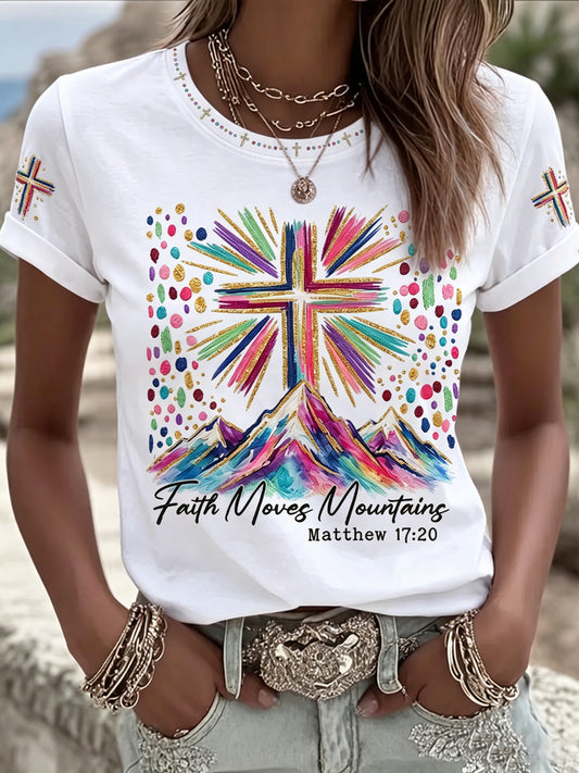 Women's Christian Faith Moves Mountains Cross Short Sleeve O-neck T-shirt