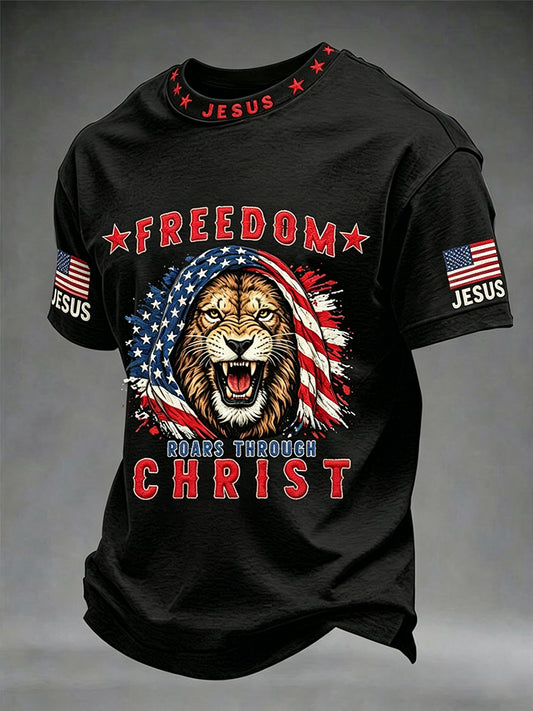 Men's Christian Freedom Roars Through Christ Jesus Cross Short Sleeve O-neck T-shirt