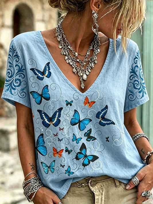 Women's Dragonfly Flowers Printed Vintage Fashion Loose Short Sleeve T-Shirt
