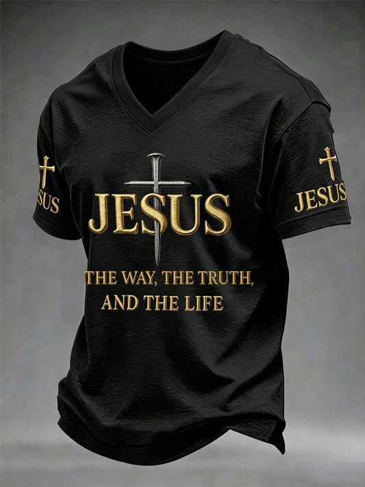 Men's Christian Jesus The Way the Truth The Life John 14:6 Cross V-neck T-shirt