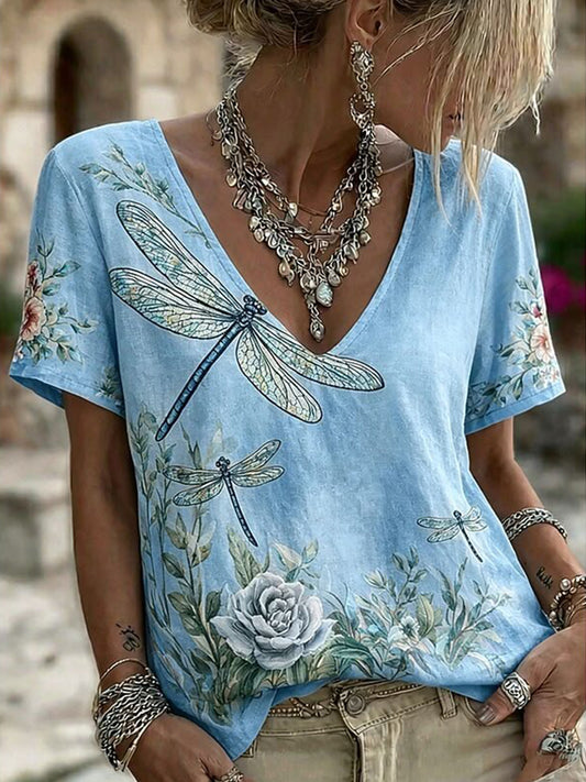 Women's Dragonfly Flowers Printed Vintage Fashion Loose Short Sleeve T-Shirt
