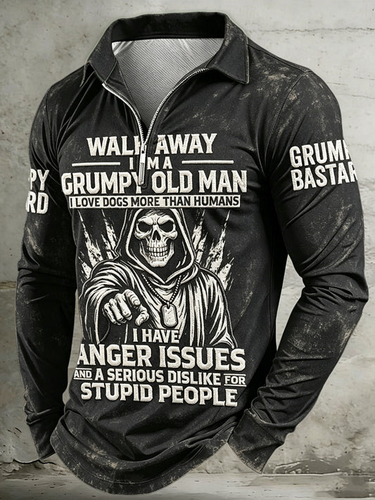 Men's Old Fuckers Club Printed Half Zipper Lapel Long Sleeved Polo