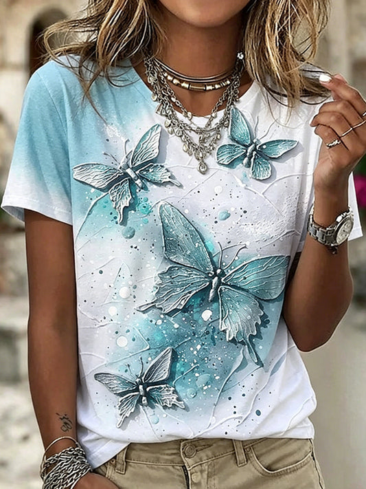 Women's Dragonfly Flowers Printed Vintage Fashion Loose Short Sleeve T-Shirt